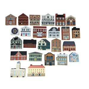 Vintage The Cat's Meow Lot Of 24 Wood Village Building Collectibles Miniature